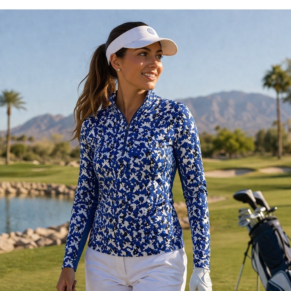 Zero Restriction Womens Blue Camo Quarter Zip Golf Pullover Long Sleeve Top M